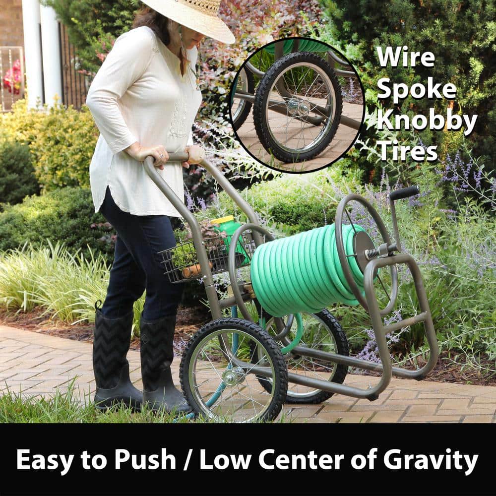 Liberty Garden Brown Steel 300-Foot Hose Reel Cart with Basket