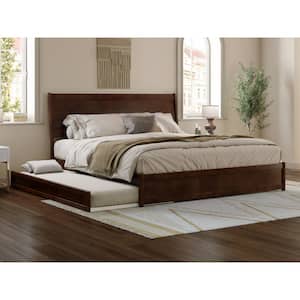 Casanova Walnut Brown Solid Wood Frame King Platform Bed with Panel Footboard and Twin XL Trundle