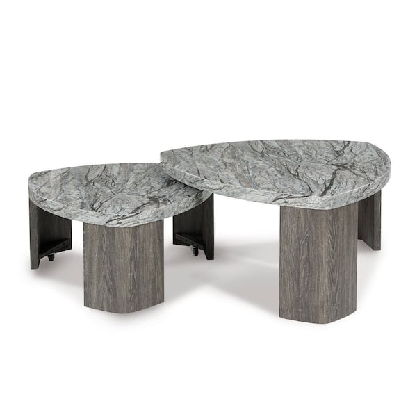 Signature DESIGN BY ASHLEY Surmour 39 in. Gray Triangle Faux Marble Coffee Table with Casters