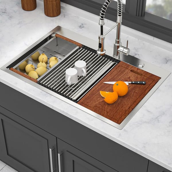 33 in. Drop-In Double Bowl (60/40) 16 Gauge Brushed Nickel Stainless Steel Kitchen Sink with Workstation