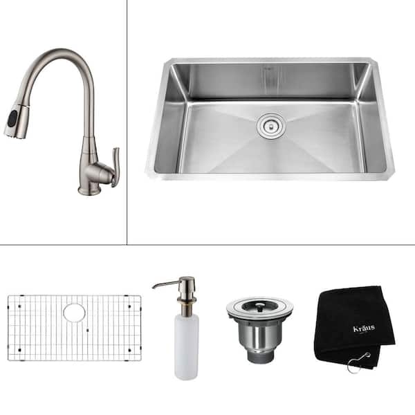 KRAUS All-in-One Undermount Stainless Steel 30 in. Single Bowl Kitchen Sink with Faucet and Accessories in Satin Nickel