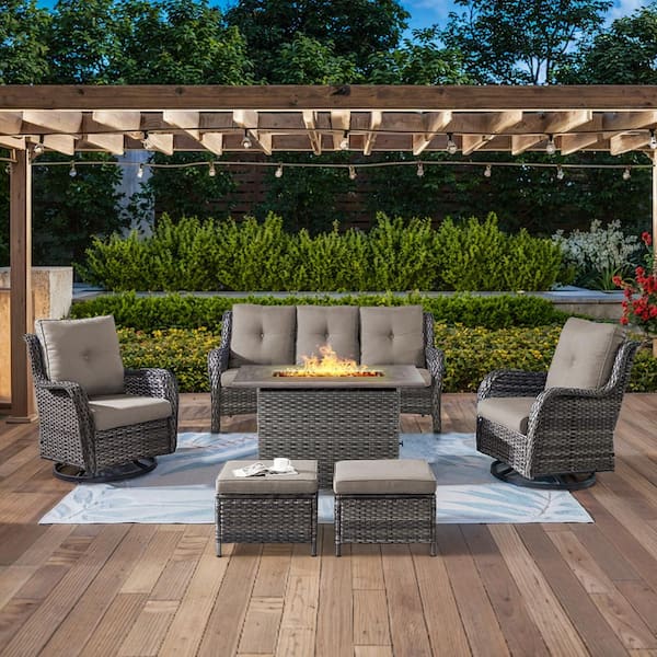 6-Piece Gray Wicker Outdoor Patio Rectangular Fire Pit Conversation Set with Gray Cushions and Swivel Rocker Chairs