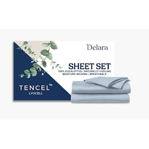 Delara 4-Piece Set-Light Blue Solid 100% Eucalyptus Lyocell Tencel, Queen Smooth and Breathable, Sheet Sets