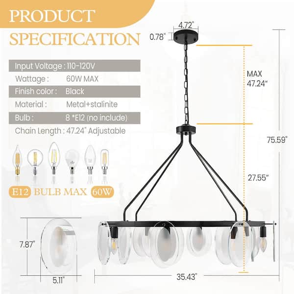 8-Light Black Circle Chandelier with White Glass for Living Room