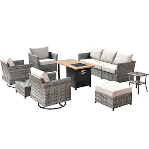 Eufaula Gray 10-Piece Wicker Outdoor Patio Conversation Sofa Set with a Storage Shelf Fire Pit and Beige Cushions