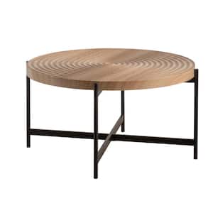 33 in. Brown Round wood Modern Thread Design Coffee Table with Cross Legs Metal Base