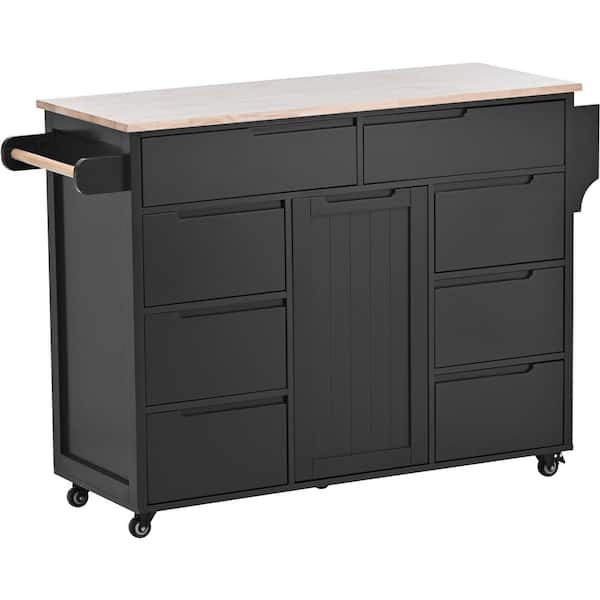 FUNKOL Black MDF cutlery storage Kitchen Cart with 8 drawers and 5 rollers, adjustable shelves, rubber wood countertop