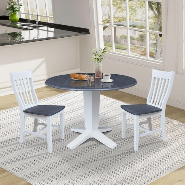 International Concepts 3-Piece Lyla White/Heather Gray Solid Wood 42 in Drop-leaf Pedestal Table and 2 Gladys Chairs, Seats 2