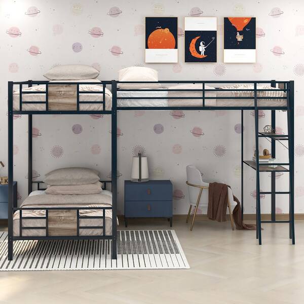 ANBAZAR Metal L-Shape Triple Bunk Bed, Twin Over Twin Bunk Bed
