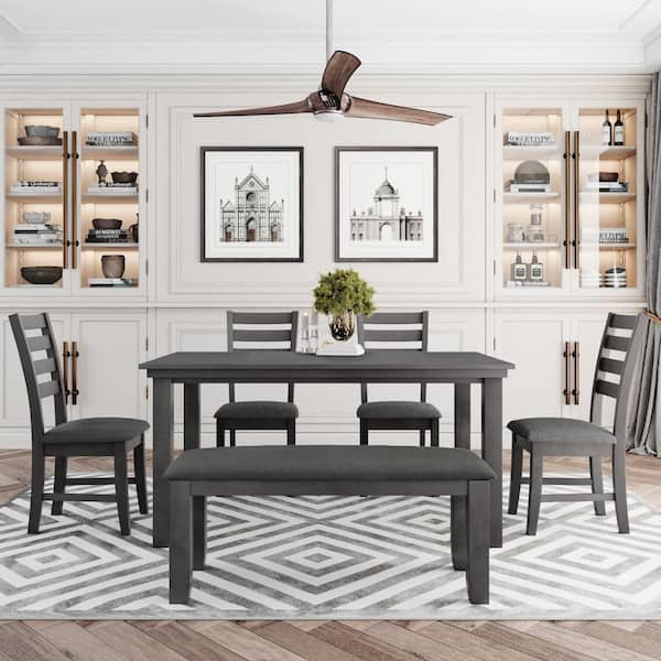 6 Piece Gray Wood Dining Table, Modern Farmhouse Dining Table Set With Bench