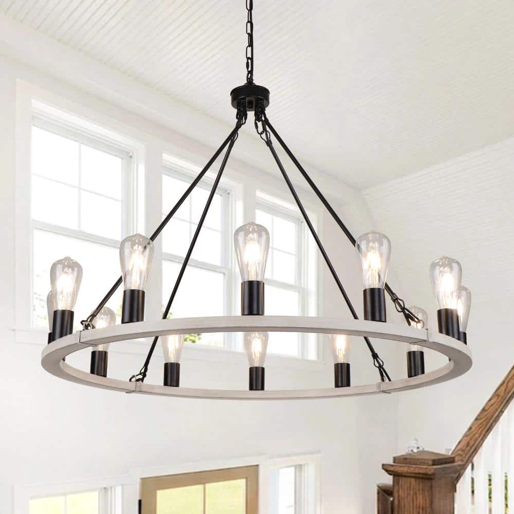 35.43 in. 12-Light Antique Grey Black Farmhouse Wagon Wheel Chandelier for Living Room, Foyer price history on PriceWatchPro