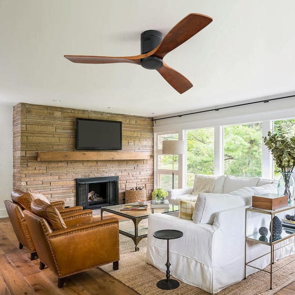52 in. Smart Indoor/Outdoor Flush Mount Ceiling Fan 3-Carved Wood Fan Blades White Ceiling Fan with 6-Speed Remote