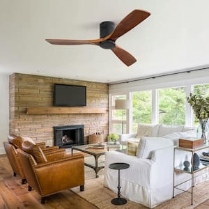 52 in. Indoor/Outdoor Flush Mount Ceiling Fan 3 Carved Wood Fan Blades Smart Matte Black Ceiling Fan with 6-Speed Remote