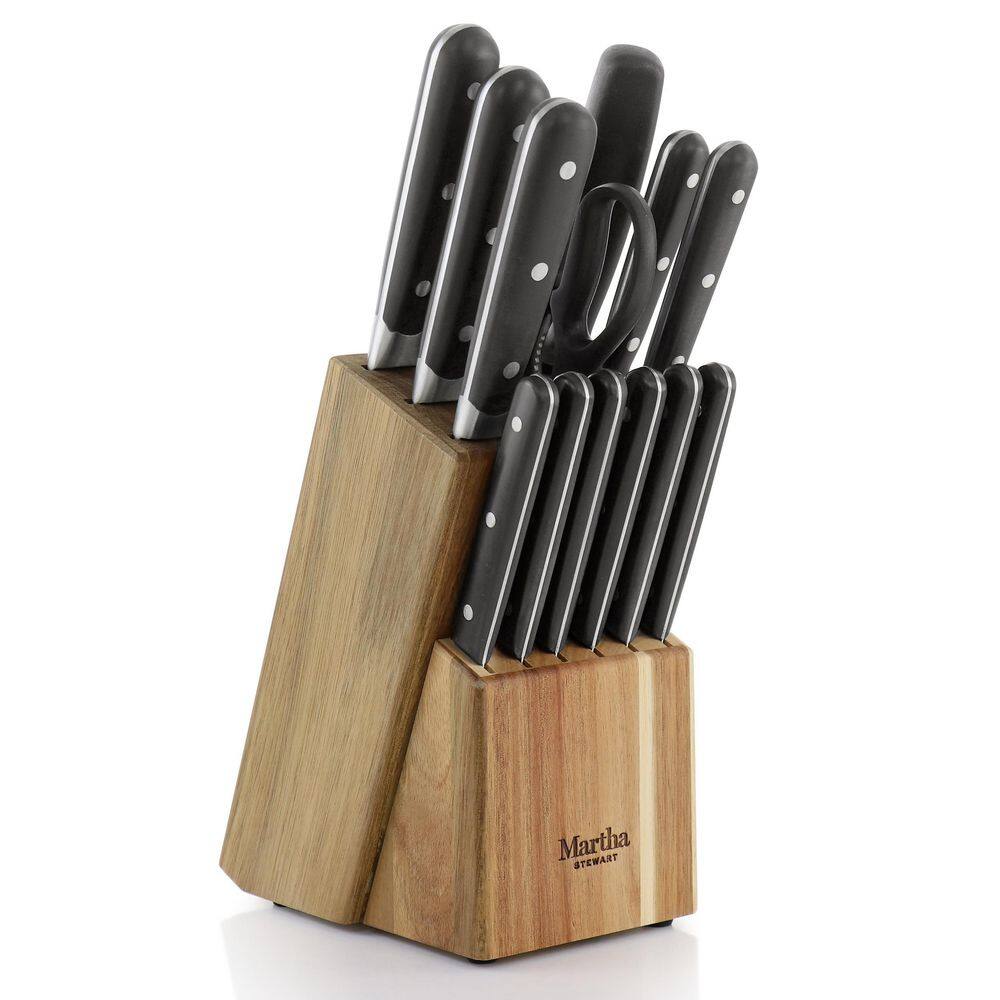 14-Piece Black Stainless Steel Cutlery Set with Acacia Wood Block