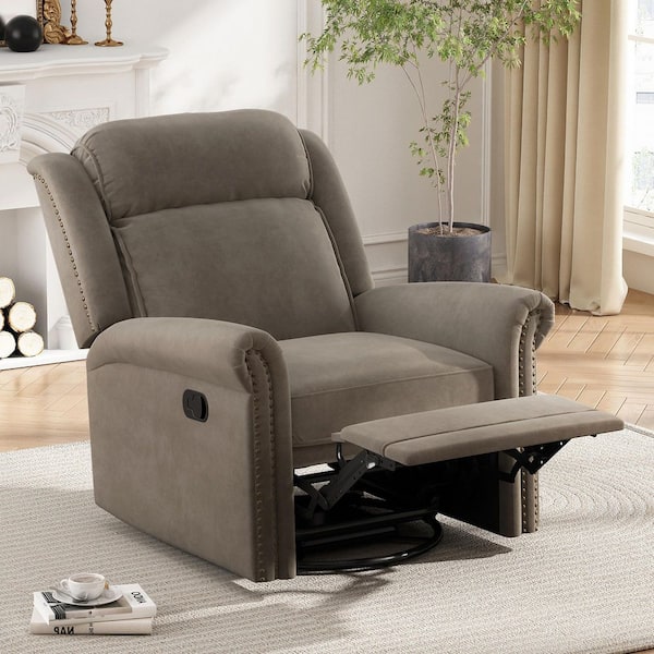 Nailhead Light Brown Velvet Manual Rocking 360° Swivel Recliner Chair, VR Home Theater Recliner