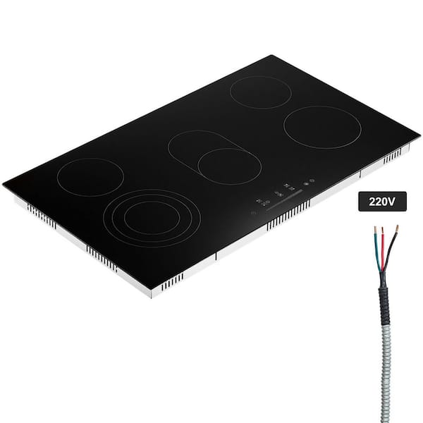 SKYSHALO Electric Cooktop, 36 in. 5 Burners Built-in Electric Stove Top, 8600 W Ceramic Top Radiant Cooktop with Glass Panel