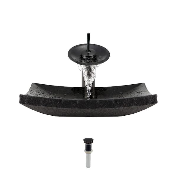 MR Direct Stone Vessel Sink in Shanxi Black Granite with Waterfall Faucet and Pop-Up Drain in Antique Bronze