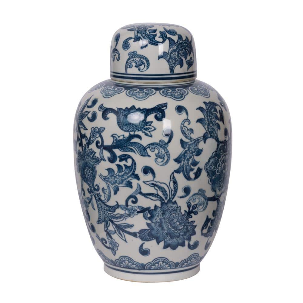 10 Flower Pattern Ceramic Vase,Home Décor Accent A&B Home Blue & White Porcelain Lidded Jar 