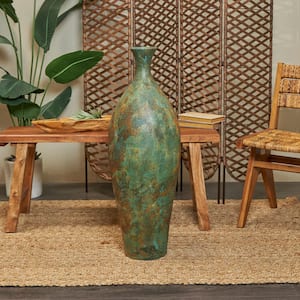 37 in. Green Tall Distressed Antique Style Ceramic Decorative Vase