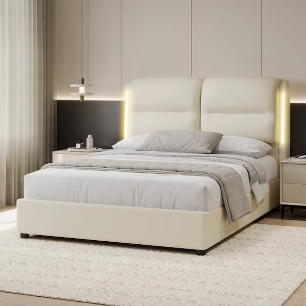 Cream(White) Wood Frame Queen Size PU Upholstered Platform Bed with Lift Up Storage and Sensor LED Lights