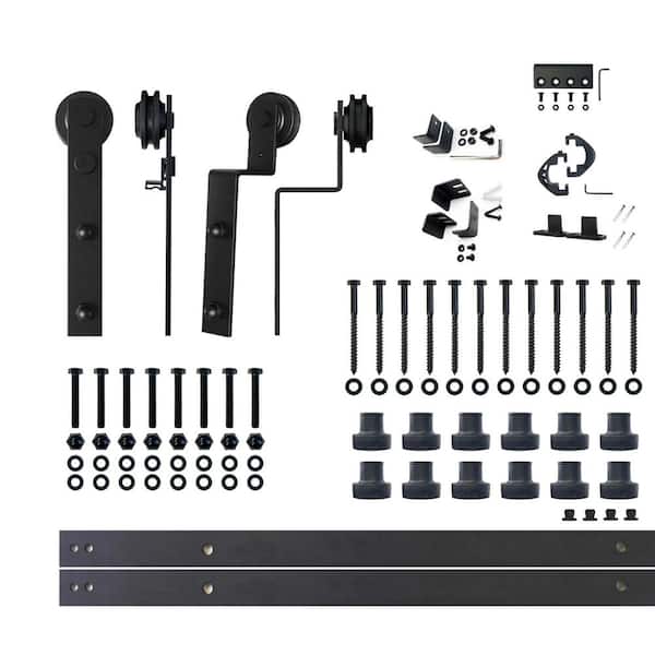 HOMACER 16 ft./192 in. Black Rustic Single Track Bypass Sliding Barn Door Hardware Kit Straight Design Roller for Double Doors