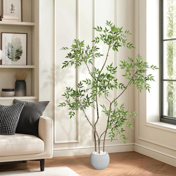 MOVECOM 5 ft. Artificial Plants Indoor, Tall Faux Floor Plant in Pot, Nandina Artificial Tree with Planter