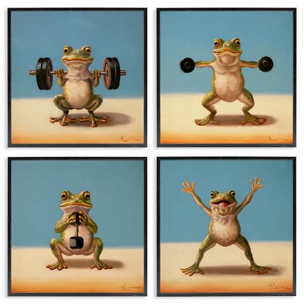 Weightlifting Frogs Various Workouts by Lucia Heffernan 4-Piece Black Framed Sports Giclee Art Print 17 in. x 17 in.