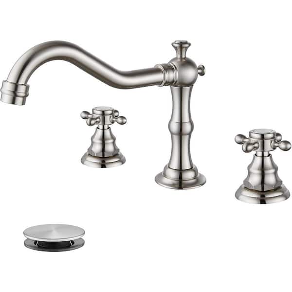 Double Handles Vessel Sink Faucet with Pop-Up Drain in Brushed Nickel