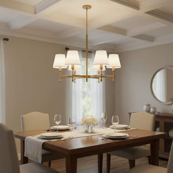 27 in. 6-Light Gold Metal Chandelier with White Linen Shades, Modern Farmhouse Ceiling Light for Dining Room Kitchen