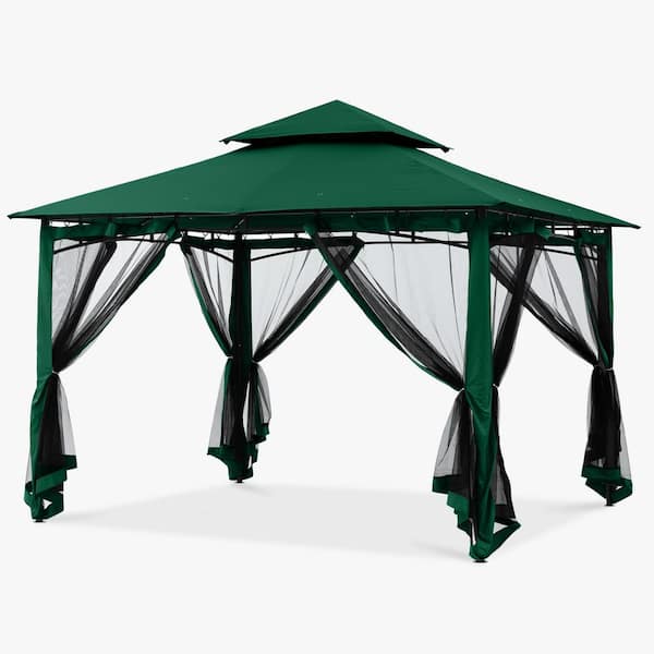 10 ft. x 12 ft. Green Steel Outdoor Patio Gazebo with Vented Soft Roof Canopy and Netting