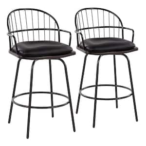 Riley Claire 25.75 in. Black Faux Leather, Walnut Wood and Black Metal Counter Stool with Arms and Metal Legs (Set of 2)