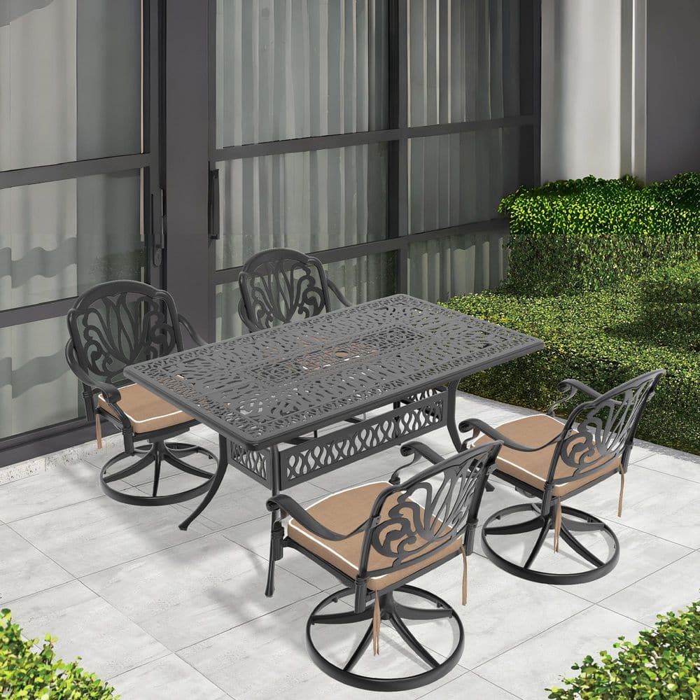 Black 5-Piece Cast Aluminum Rectangular Outdoor Dining Set with Swivel Chairs and All-Weather Cushions price history on PriceWatchPro