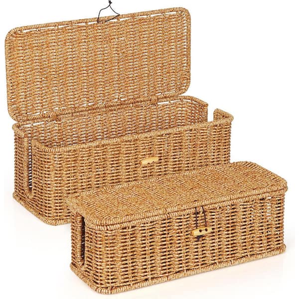 1.06 ft. Cable Management Box, Handwoven Faux Rattan Cord Organizer Box with Lid, 2 Open Slots Cable Organizer in Brown