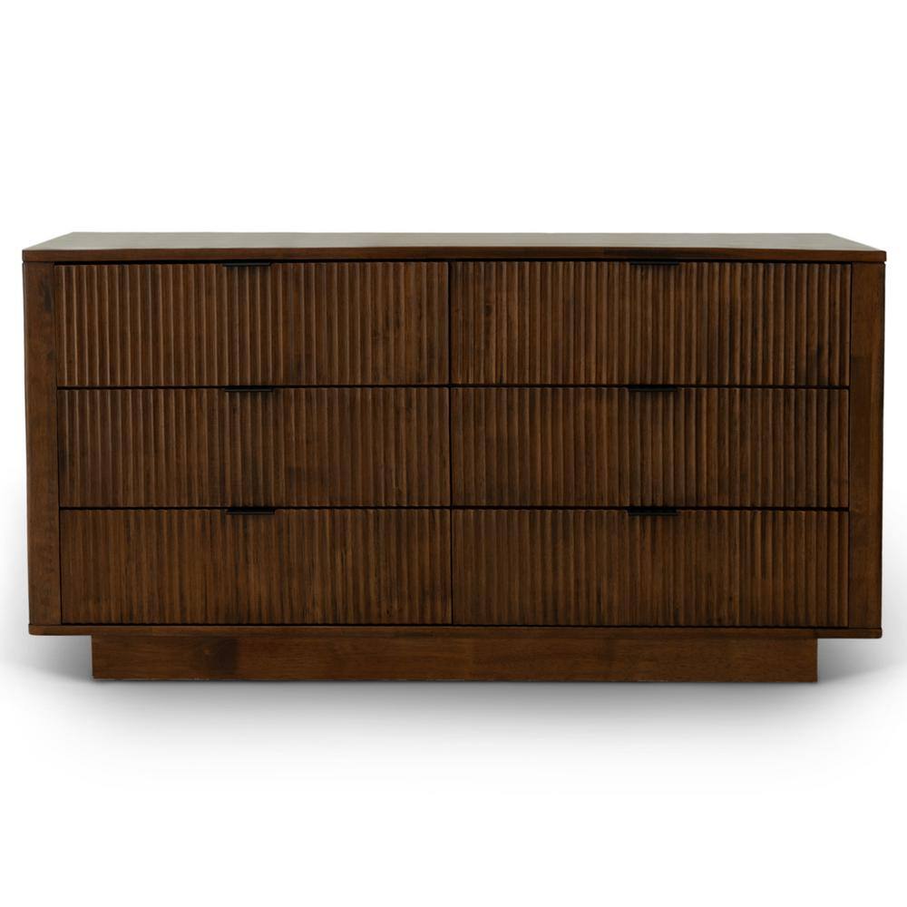 Walnut Brown Mid-Century Modern Solid Wood 6-Drawer Dresser