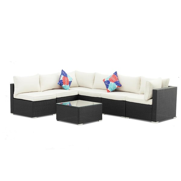 OVASTLKUY 7-Piece White Wicker Rattan Patio Furniture Set Patio Conversation with Cushions