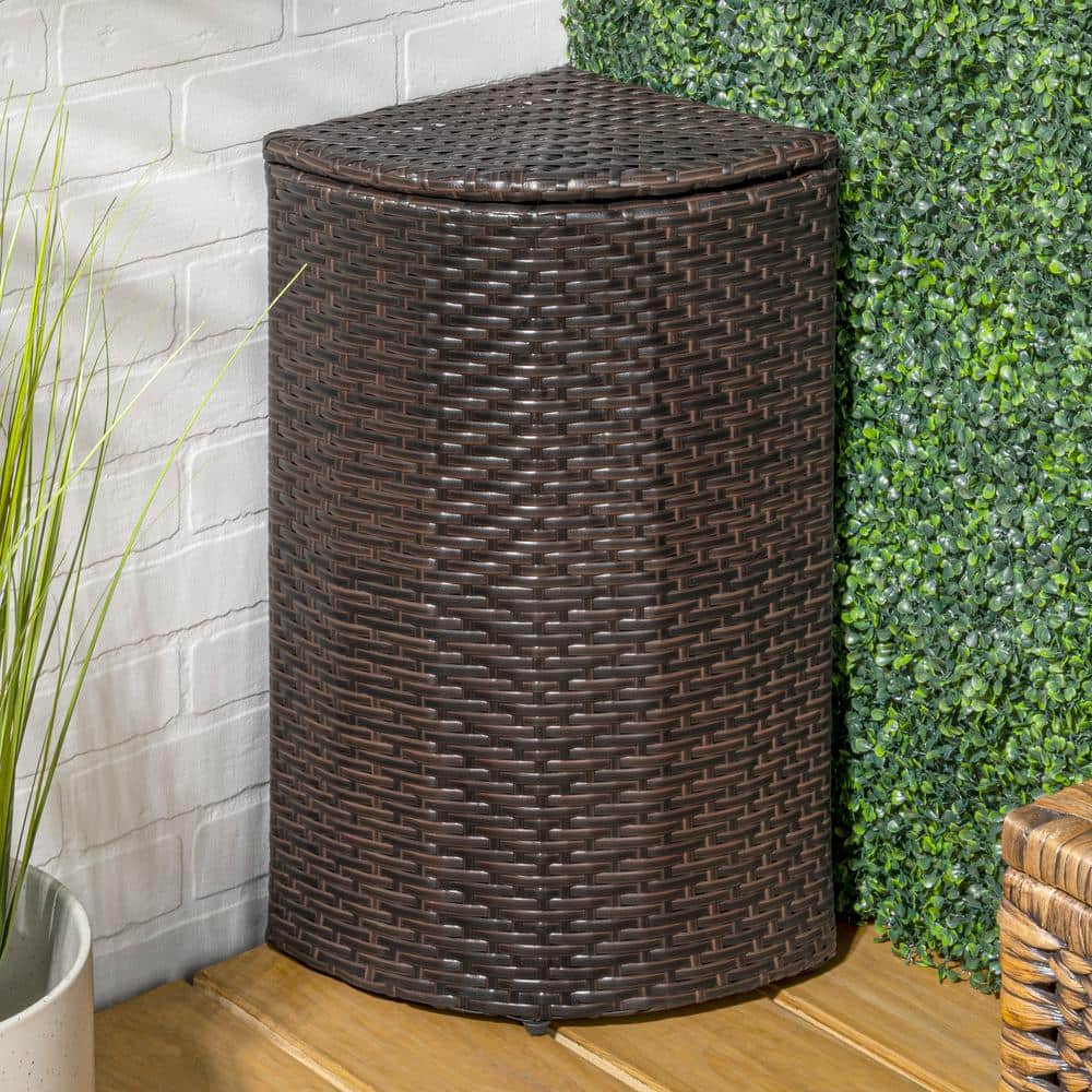 Brown Faux Wicker Corner Outdoor Trash Can with Lid