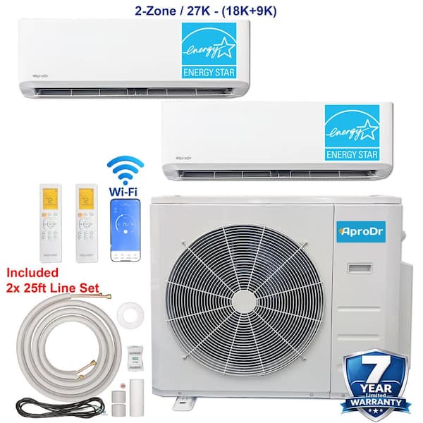2-ZoneEnergy Star Wi-Fi 27,000 BTU 230V 21 SEER2 Mini Split AC with Heat Pump 18K BTU-9K BTU Heads, 25 ft. Lineset x 2