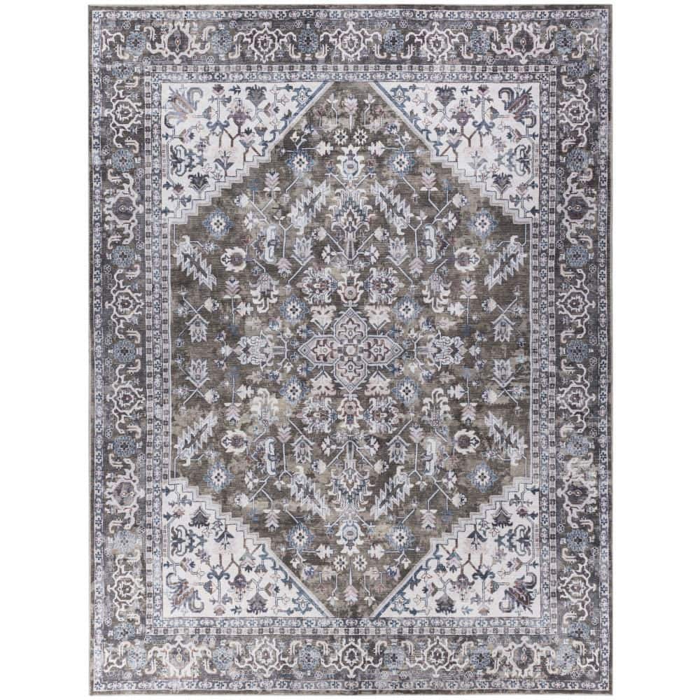 Machine Washable Series 1 Olive Ivory 9 ft. x 12 ft. Distressed Traditional