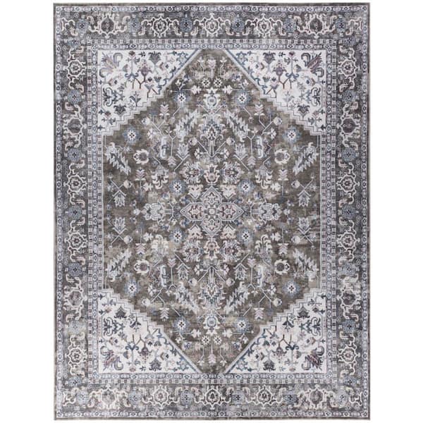 Unbranded Machine Washable Series 1 Olive Ivory 9 ft. x 12 ft. Distressed Traditional Area Rug