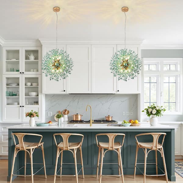 Lume 9-Light 20 in. Green Modern Dandelion Firework w/ Turquoise Beads Round Sputnik Chandelier for Livingroom, Bedroom