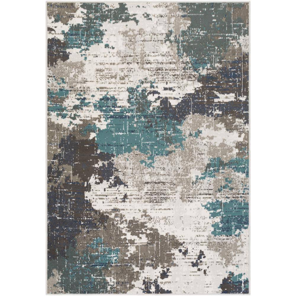 Teal and Gray Abstract Synthetic Area Rug, 5'3" x 7'3"