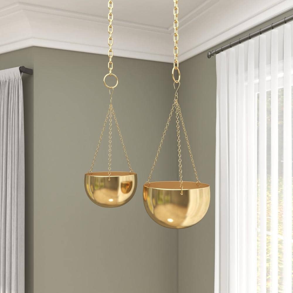 Set of 2 Gold Metal Hanging Planters with Chains