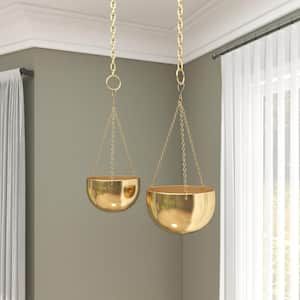 6in. Small Gold Metal Indoor Outdoor Hanging Dome Wall Planter with Chain (2- Pack)