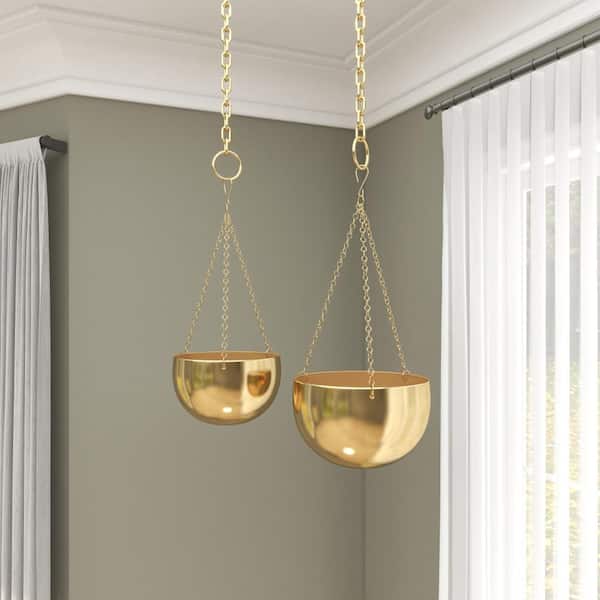 Litton Lane 6in. Small Gold Metal Indoor Outdoor Hanging Dome Wall Planter with Chain (2- Pack)