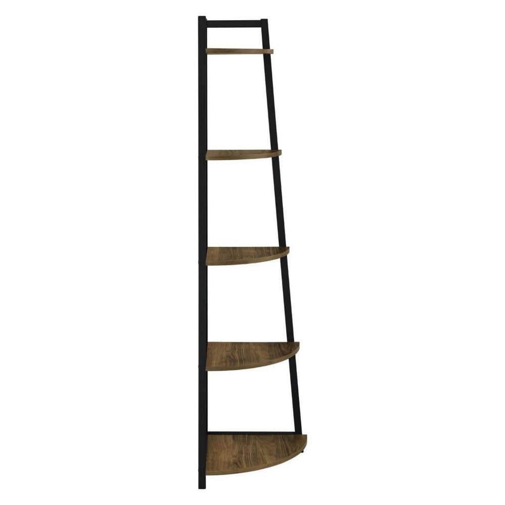Brown and Black 5-Tier Corner Wood and Metal Bookcase