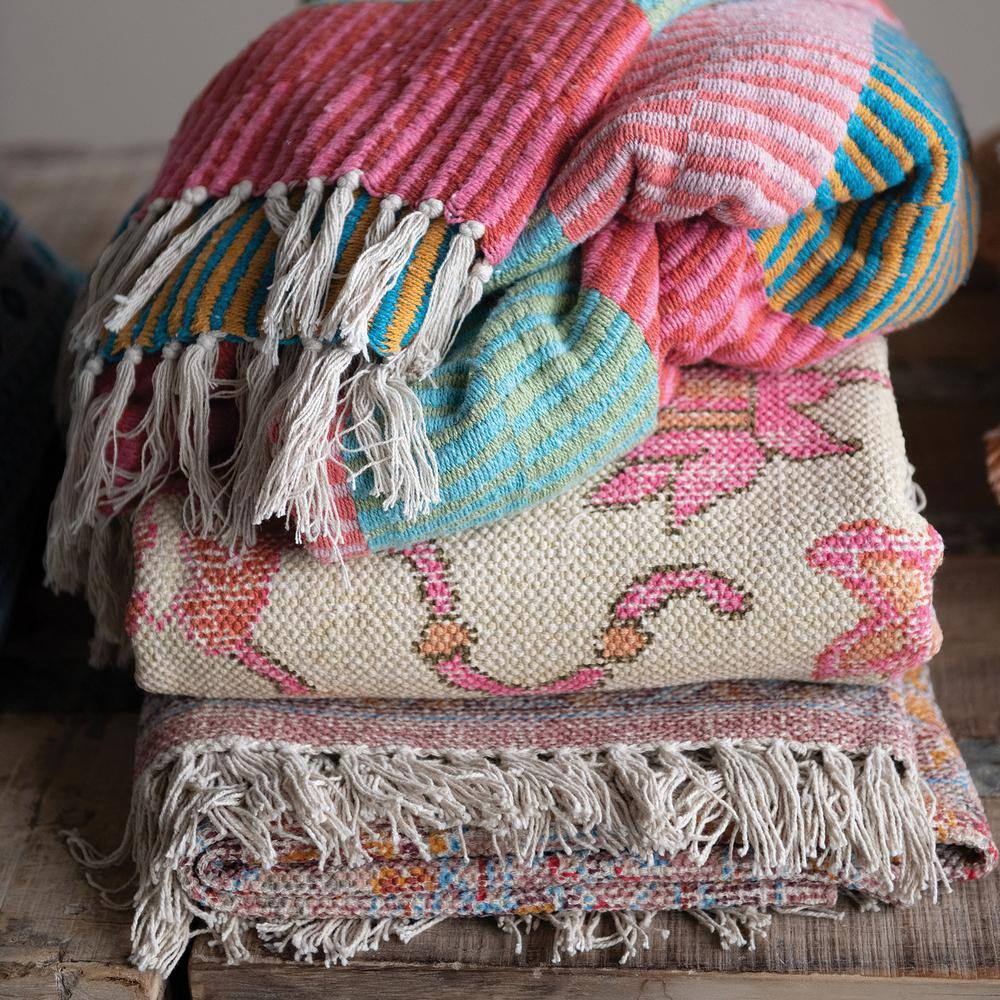 Multicolor Striped Recycled Cotton Blend Throw with Fringe