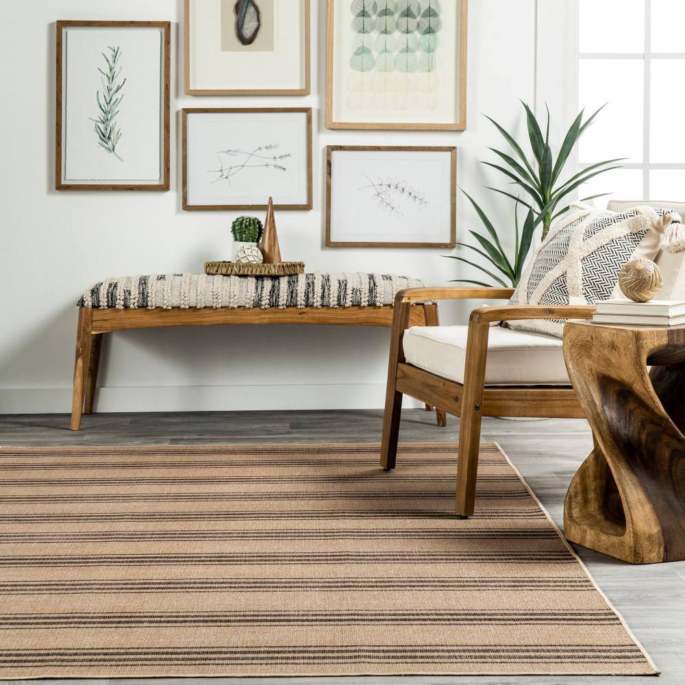Natural Beige and Brown Striped Synthetic 9' x 12' Washable Area Rug
