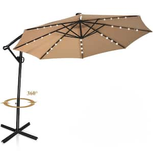 10 ft. Aluminum Crank Lift Cantilever 360° Rotation Solar LED Lighted Offset Tilt Patio Umbrella in Beige