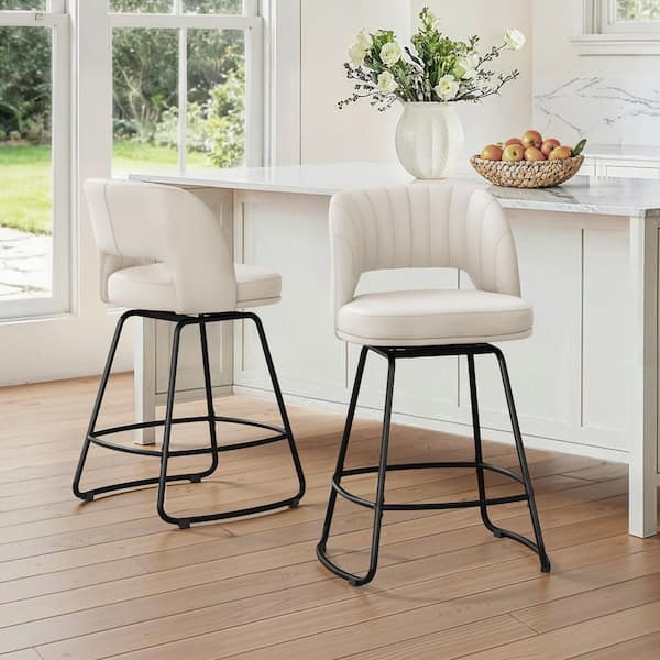 26 in. Cream White Modern Faux Leather 360° Swivel High Back Barstools Metal Frame Counter Height Bar Stool (Set of 2)