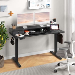 55 in. Black Wood 2-Drawer Electric Standing Desk with Monitor Stand Storage Shelf